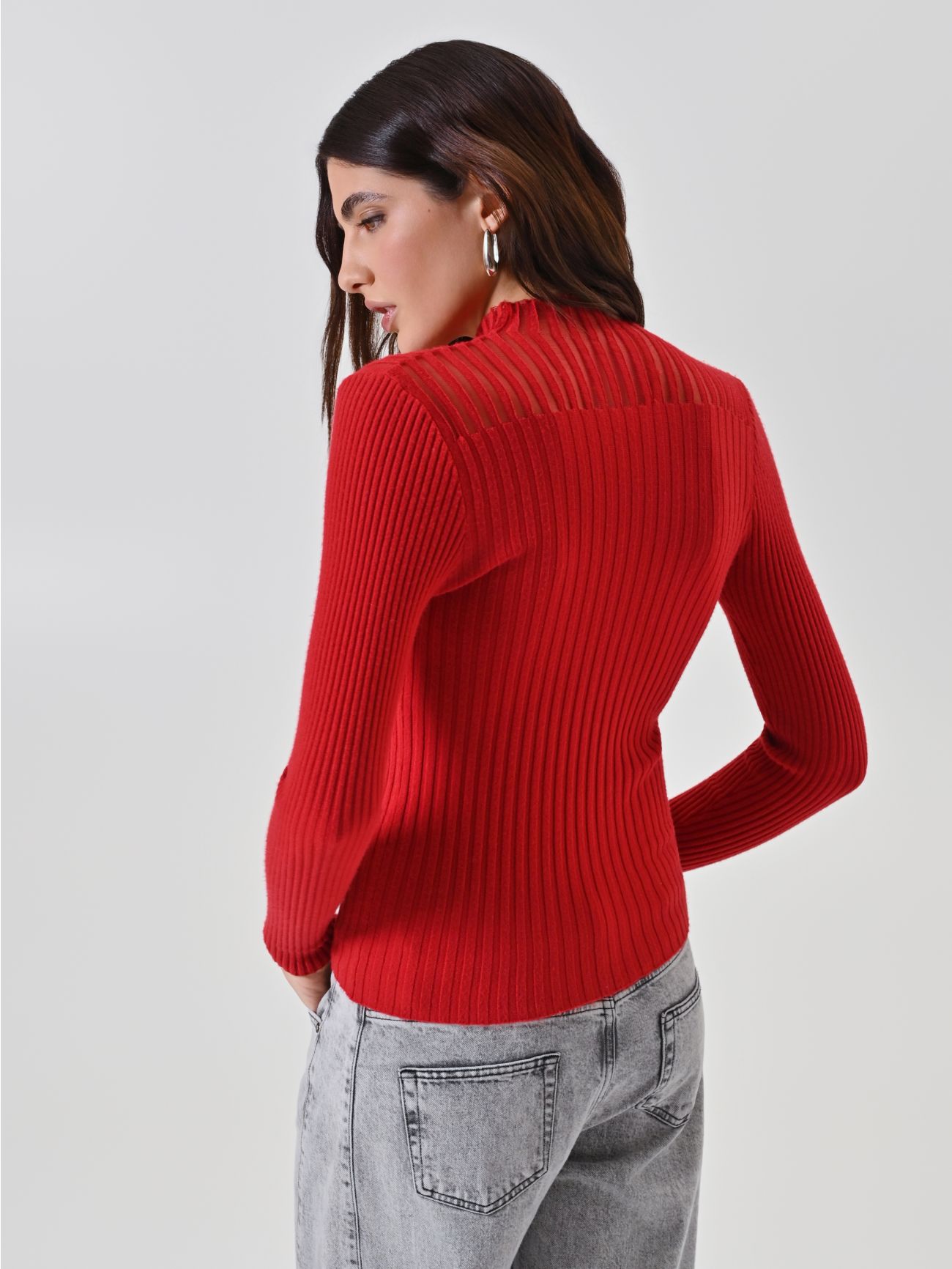 Red Mock Neck Top with Sheer Detailing 3 Rinascimento Red Mock Neck Top with Sheer Detailing det_3