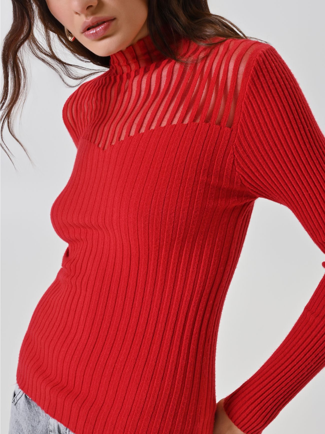 Red Mock Neck Top with Sheer Detailing 4 Rinascimento Red Mock Neck Top with Sheer Detailing in_i5