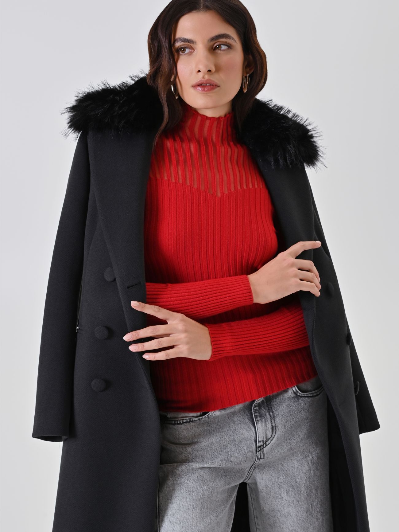 Red Mock Neck Top with Sheer Detailing  Rinascimento