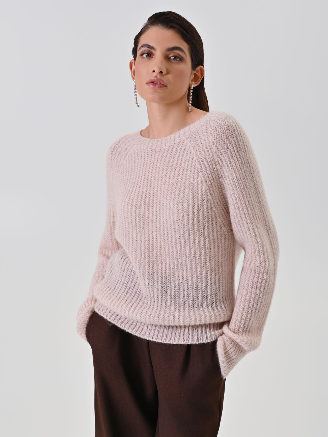 Light Pink Ribbed Crew Neck Sweater 5 Rinascimento Light Pink Ribbed Crew Neck Sweater in_i7