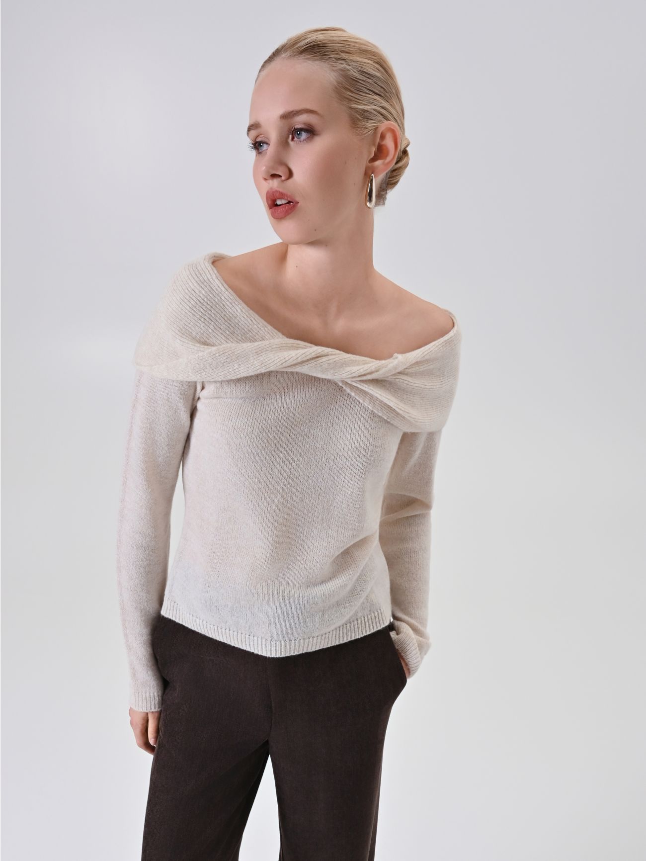 Draped Neckline Ivory Sweater  Rinascimento