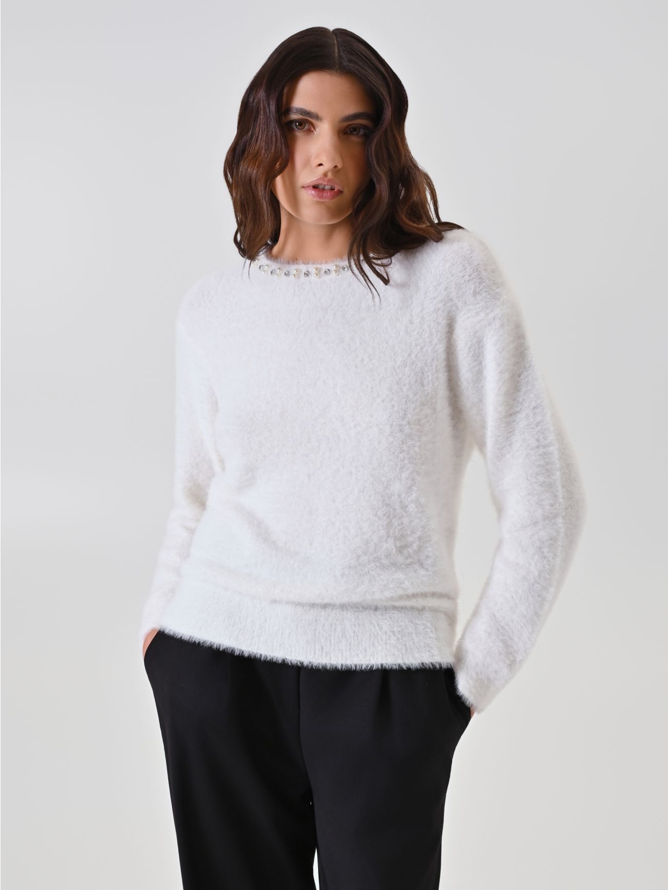 Cream Sweater with Jewel Neckline 5 Rinascimento Cream Sweater with Jewel Neckline in_i7