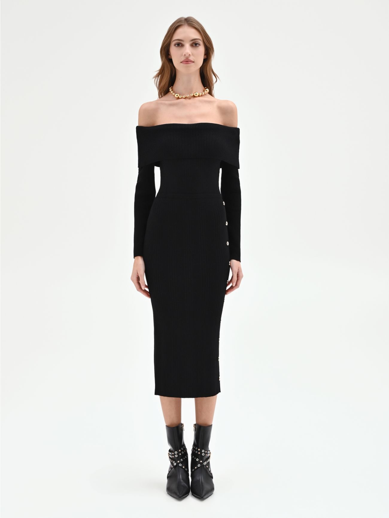Black Midi Dress with Side Buttons det_1