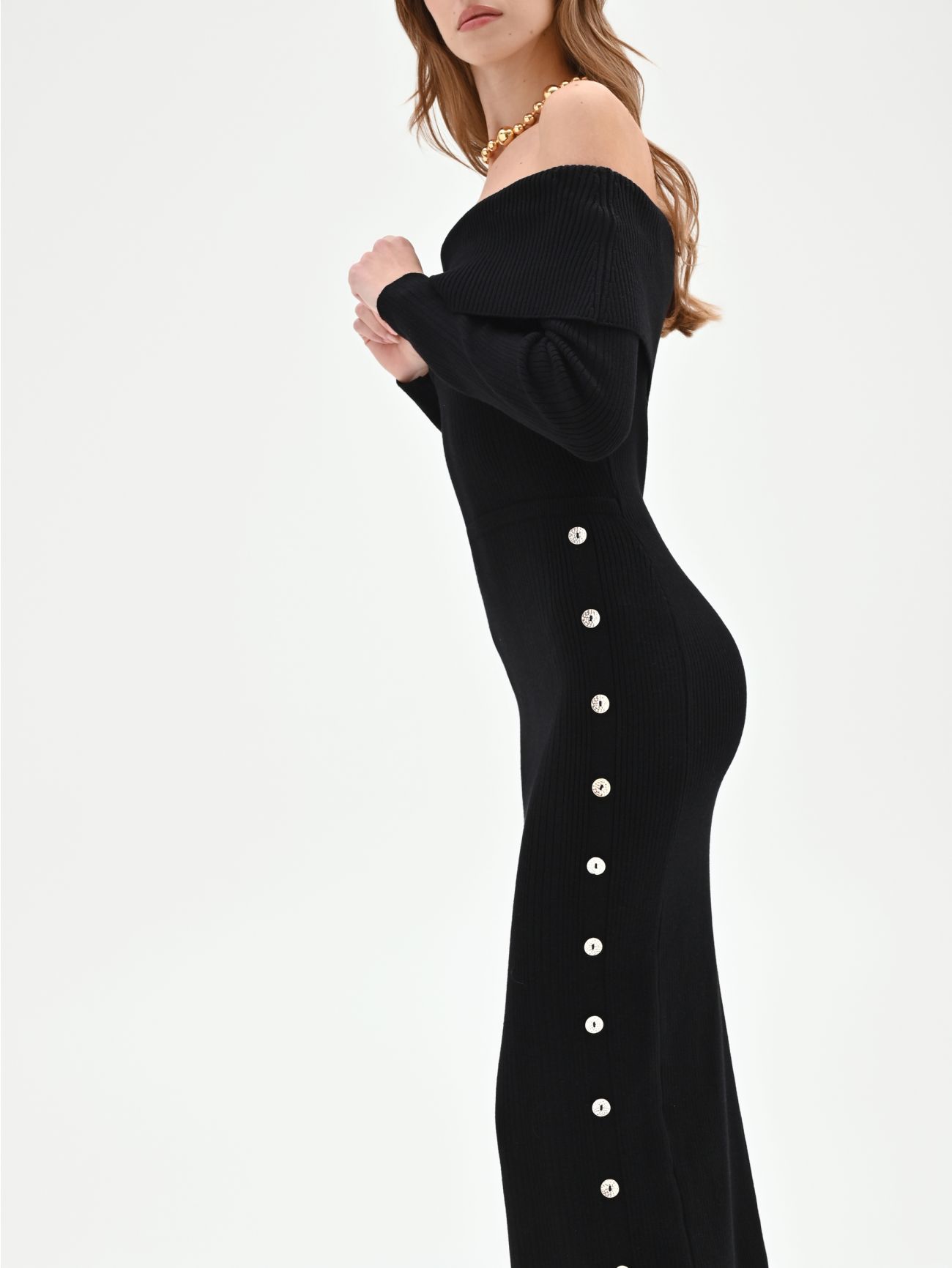 Black Midi Dress with Side Buttons in_i5