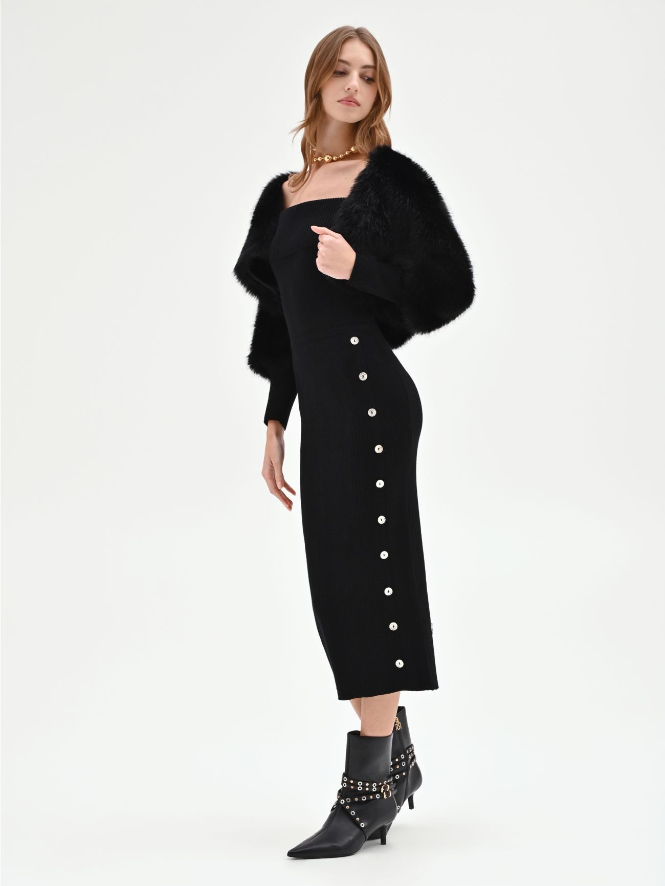 Black Midi Dress with Side Buttons  Rinascimento