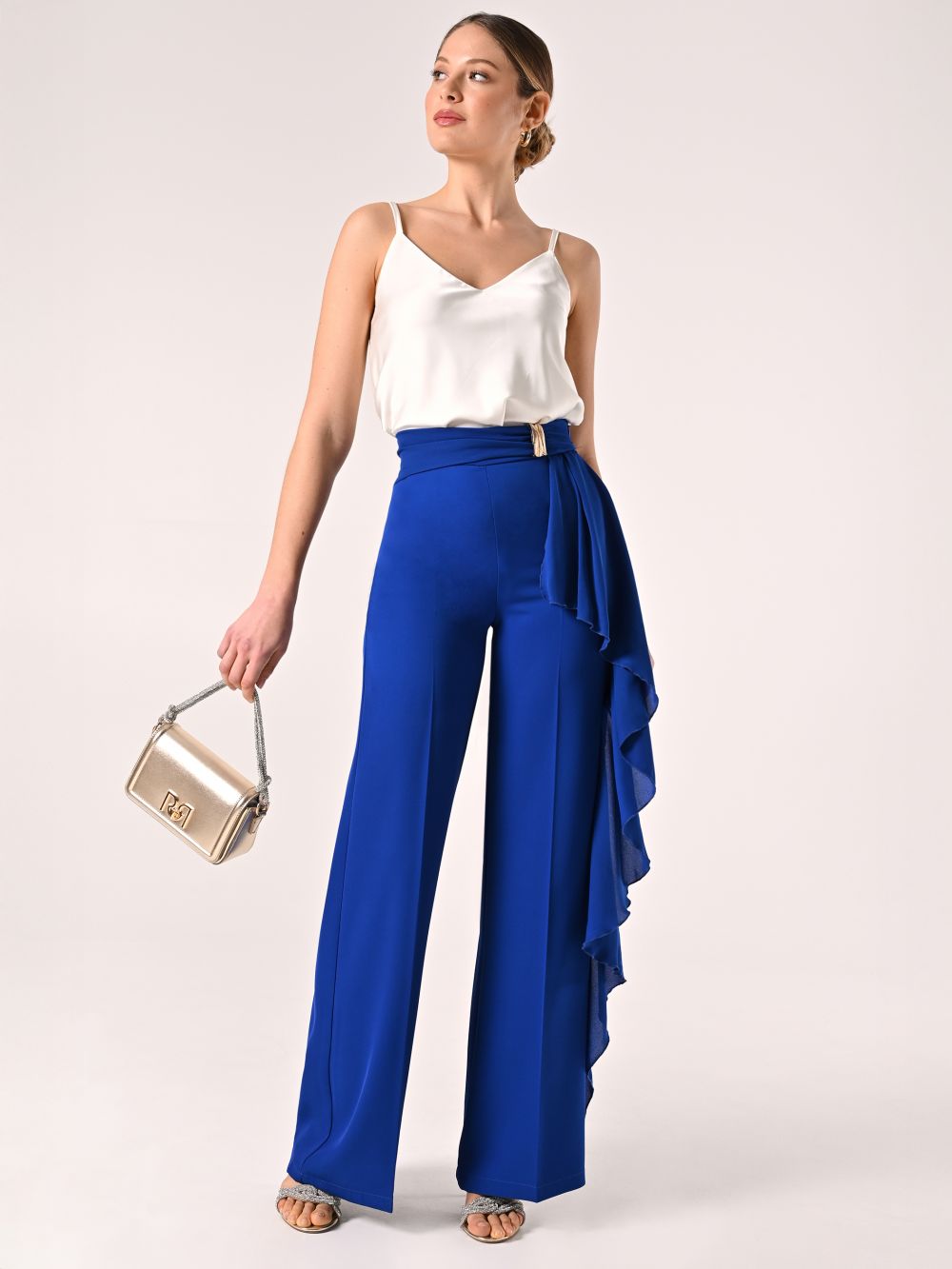 Pantaloni Ampi Blu Cina con decoro Gioiello