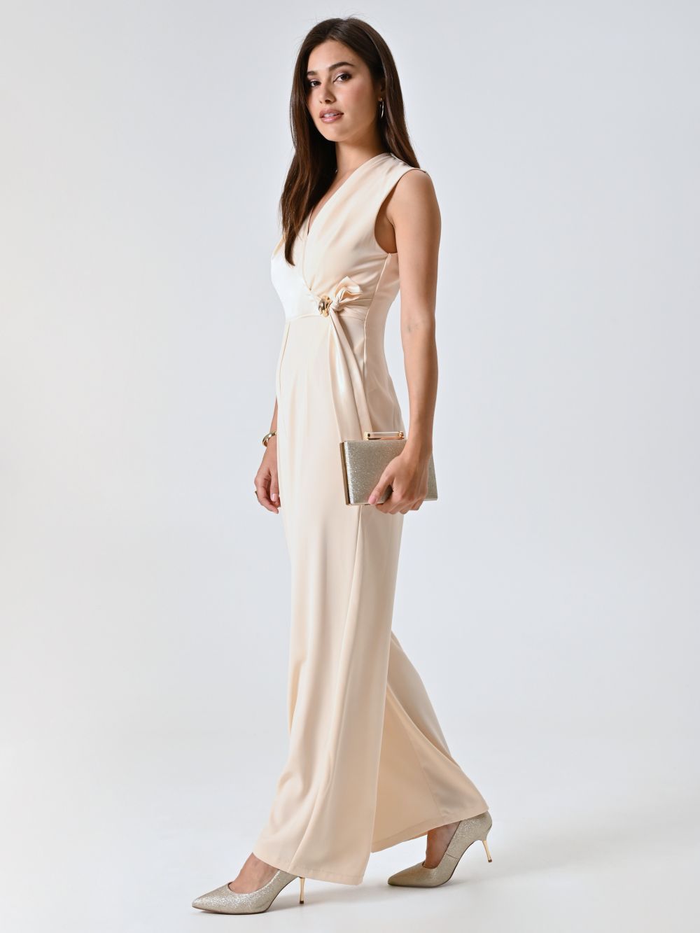 Tuta Palazzo con Corpino in Raso Beige Chiaro