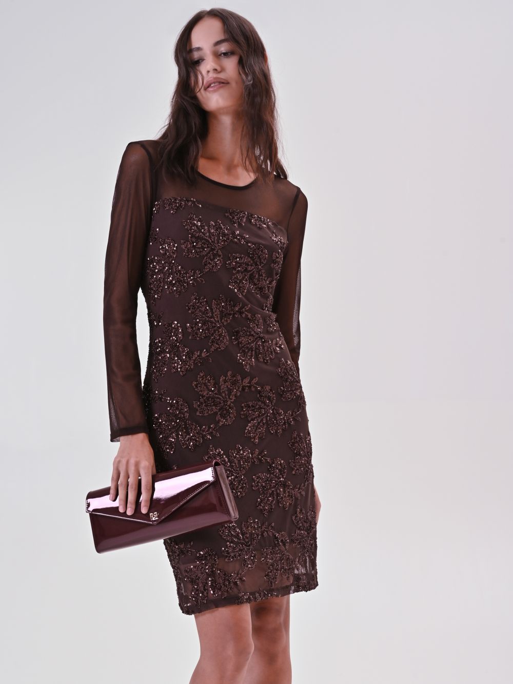 Abito Marrone in Tulle Ricamo Paillettes