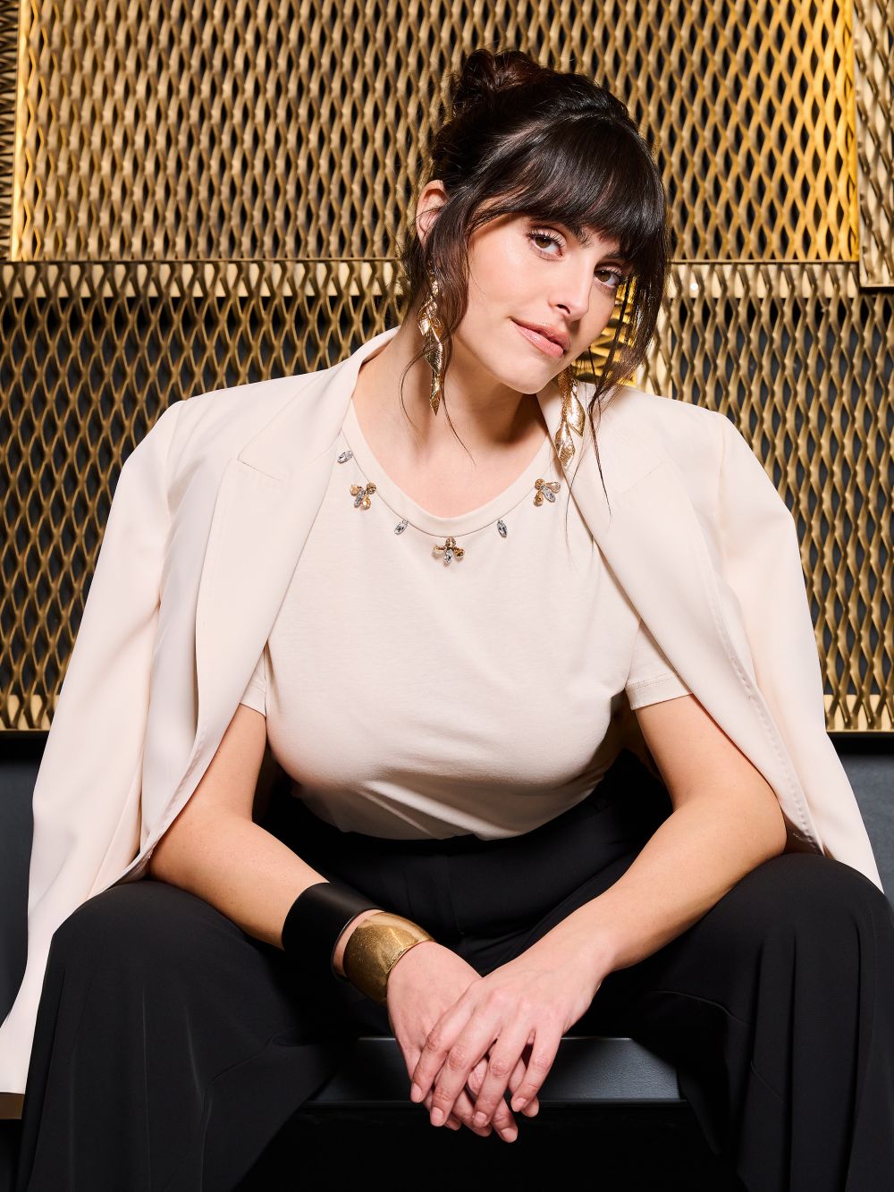 Curvy Beige T-Shirt with Gemstones