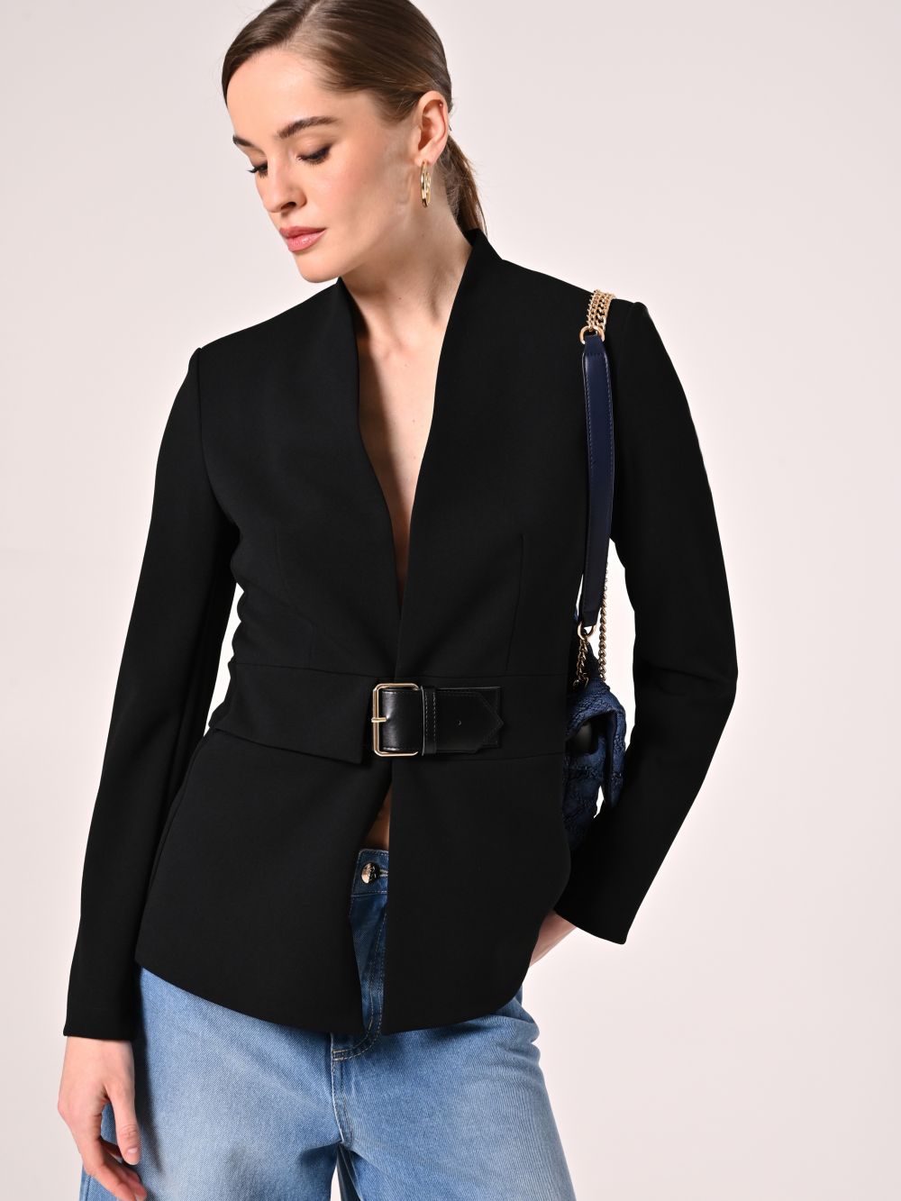 Short Black Jacket in Scuba Crepe with Buckle