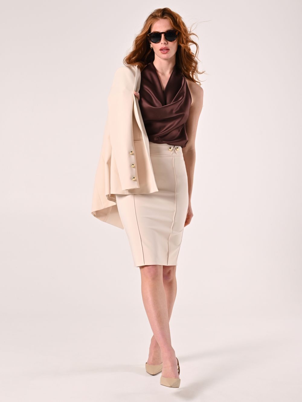 Gonna con Fibbia in Tessuto Tecnico Beige