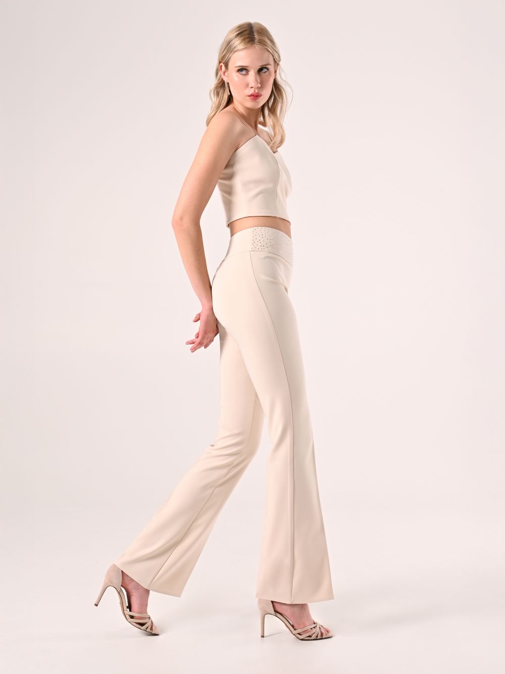 Pantaloni Beige con Strass