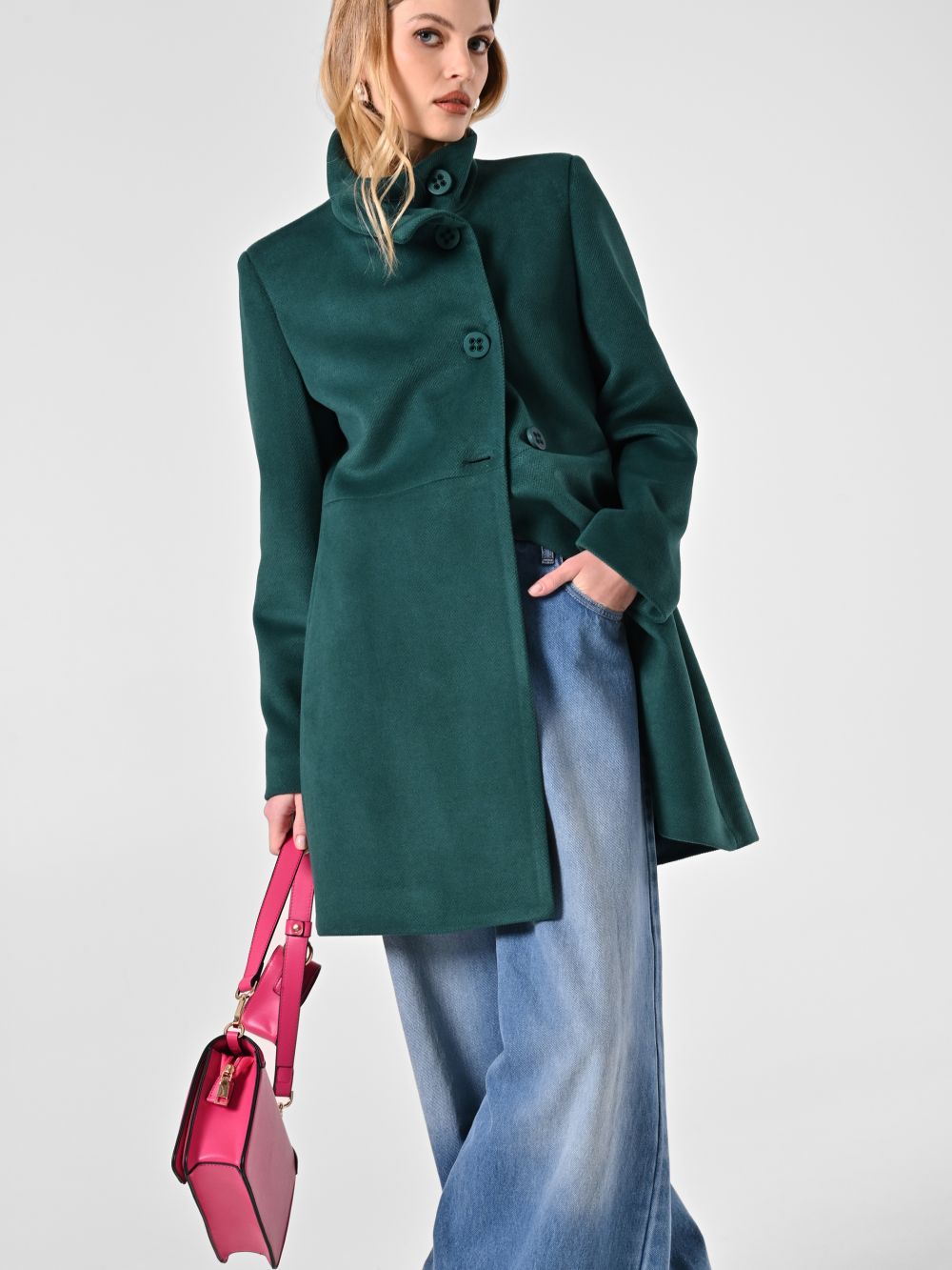 Cappotto con Collo in Piedi Verde Reale