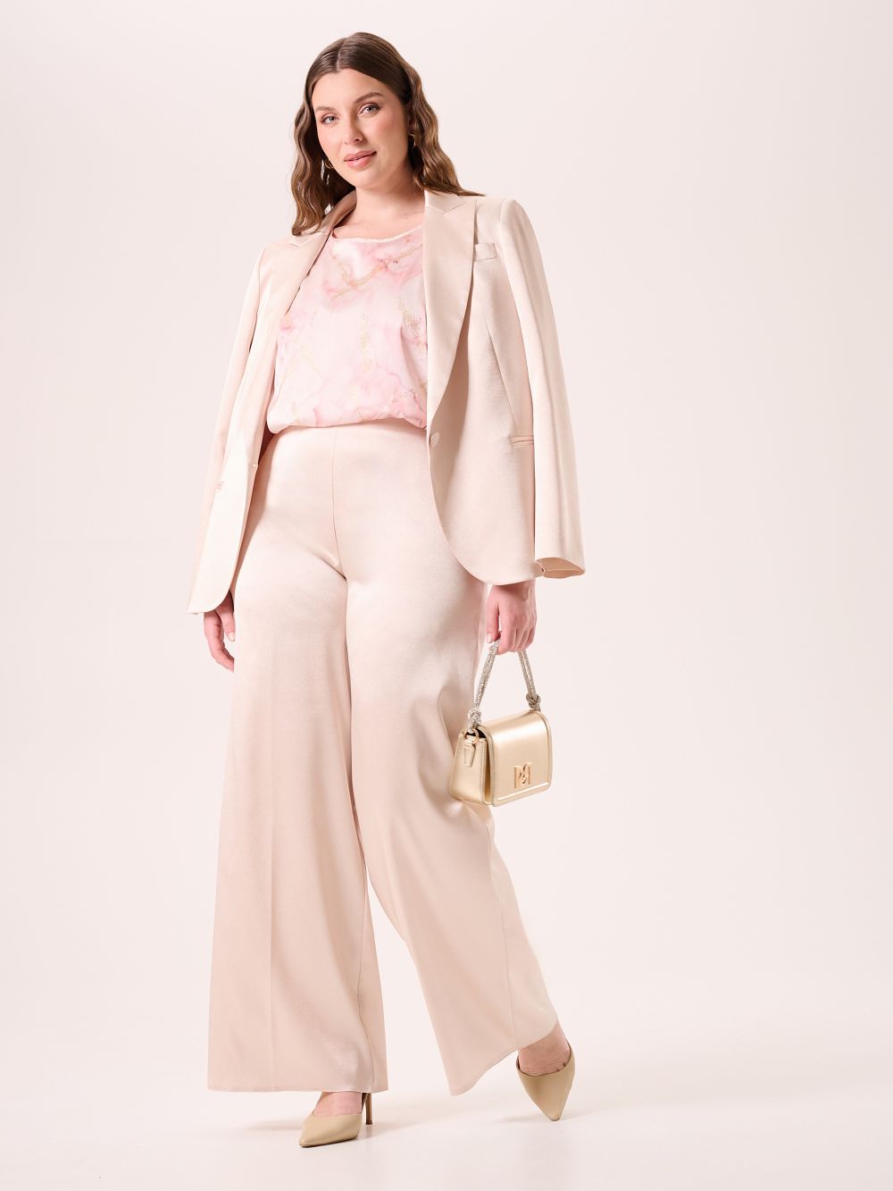 Curvy Beige Trousers in Structured Satin