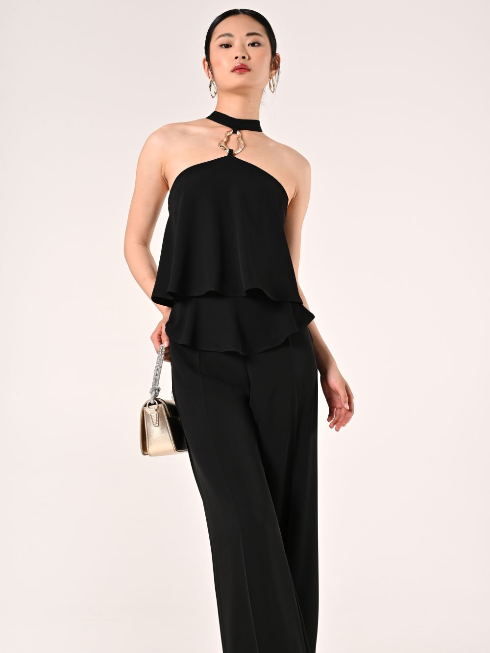 Black Flouncy Jumpsuit with Jewel Detail