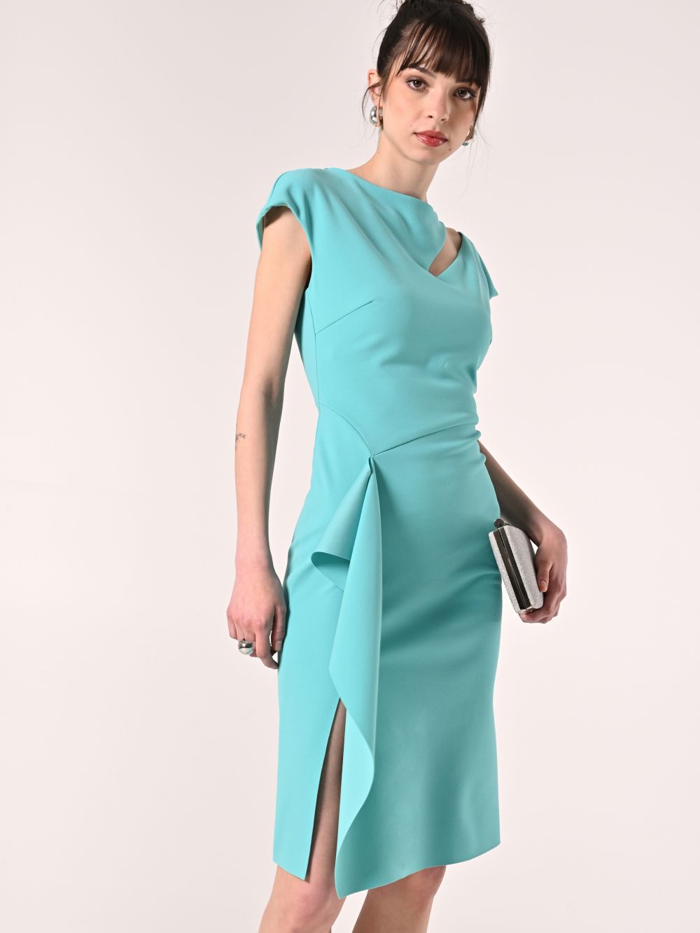 Aqua Green Sheath Dress with Ruffles
