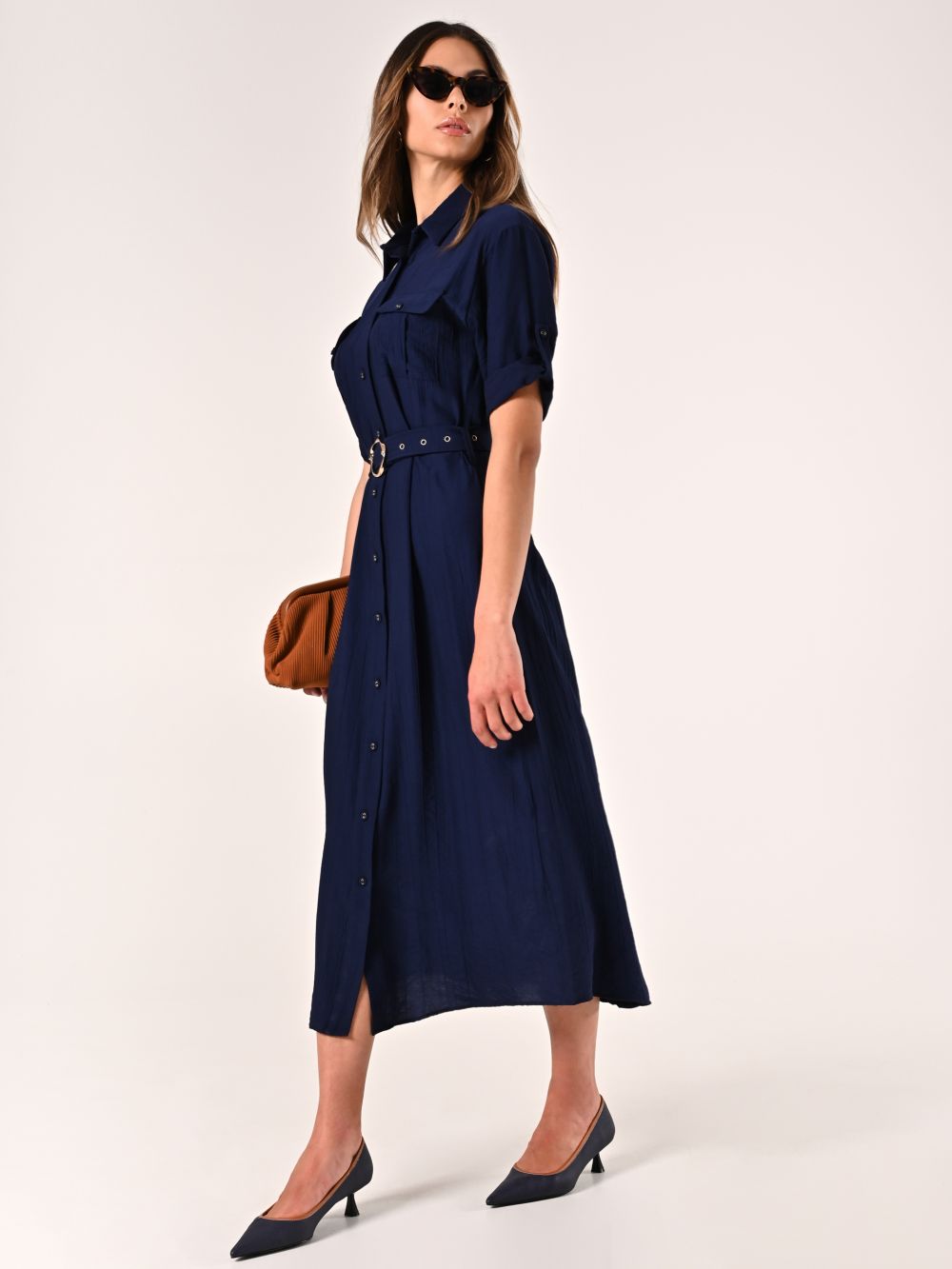 Navy Blue Shirt Dress in Crinkled Viscose Blend