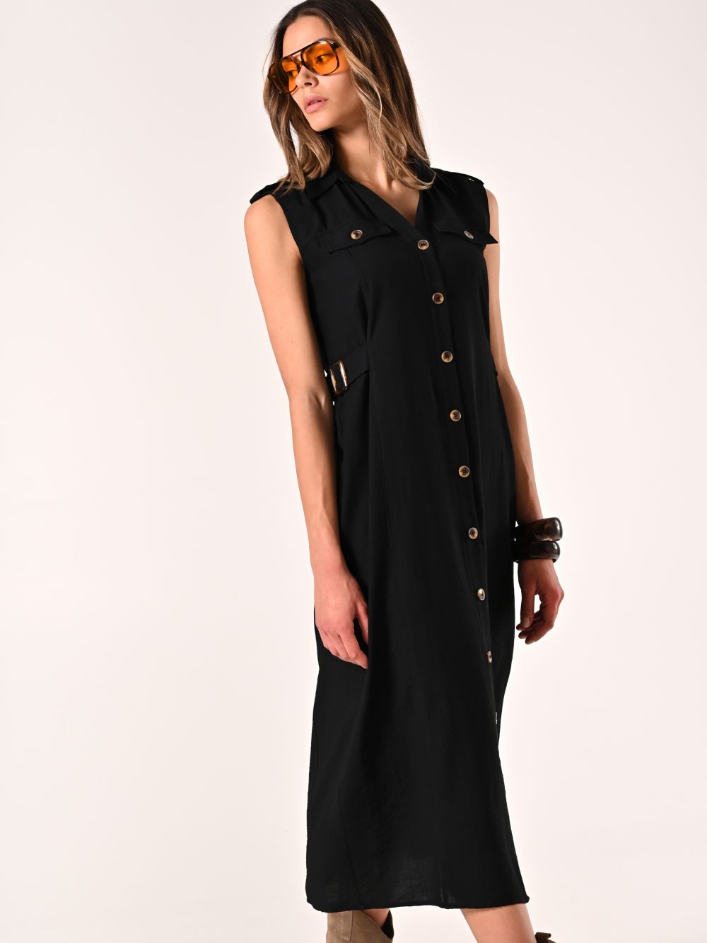 Black Shirt Dress with Horn-effect Buttons