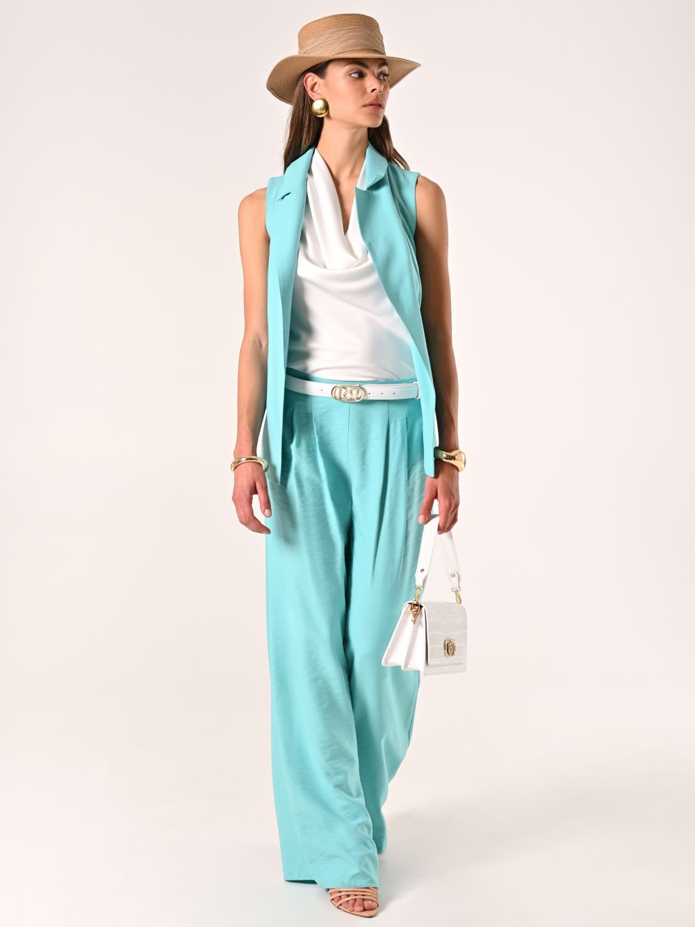 Aqua Green Wide Trousers in Crinkled Viscose Blend