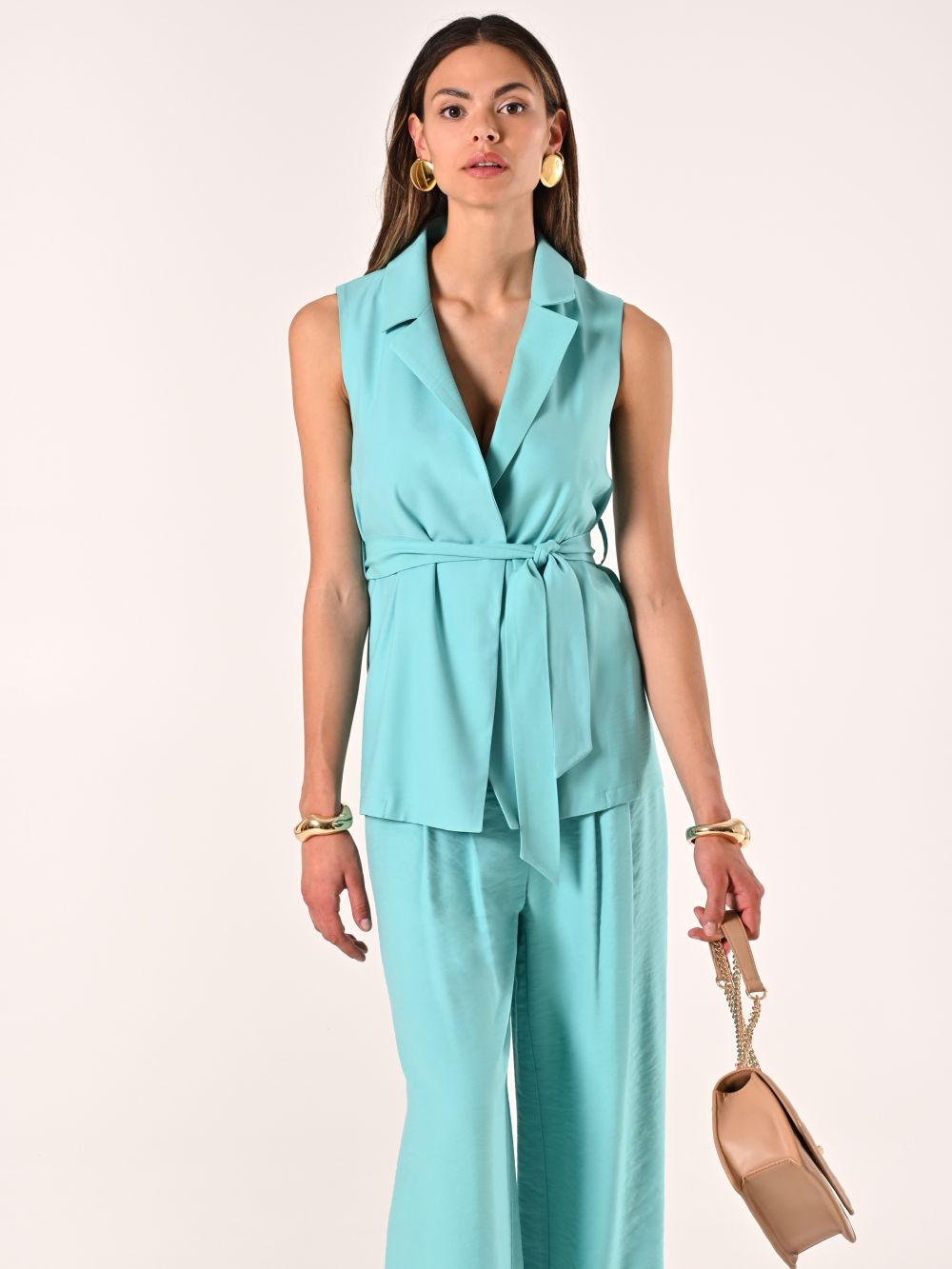 Aqua Green Waistcoat in Crinkled Viscose Blend with Belt