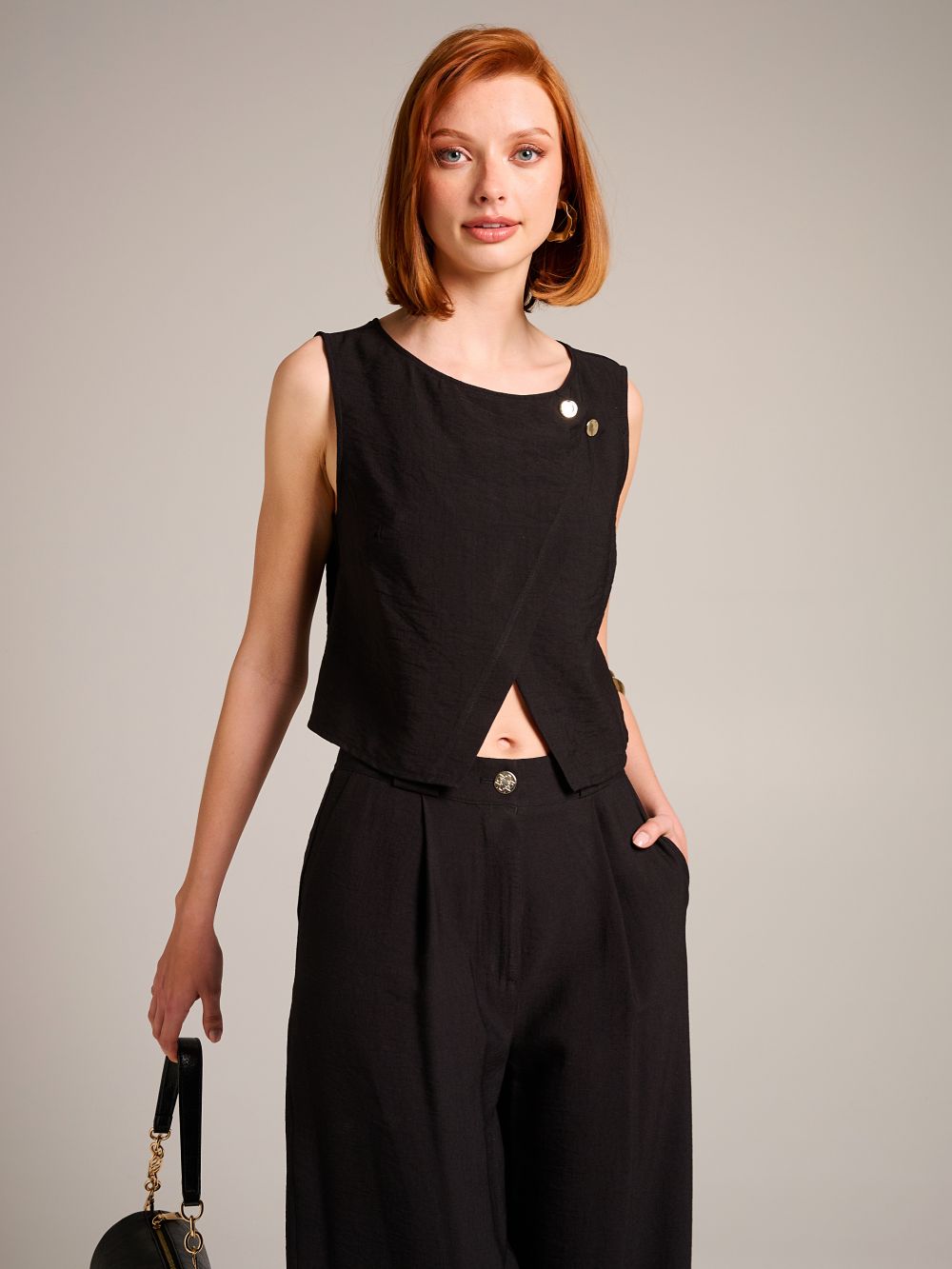Black Crop Top with Jewelled Buttons