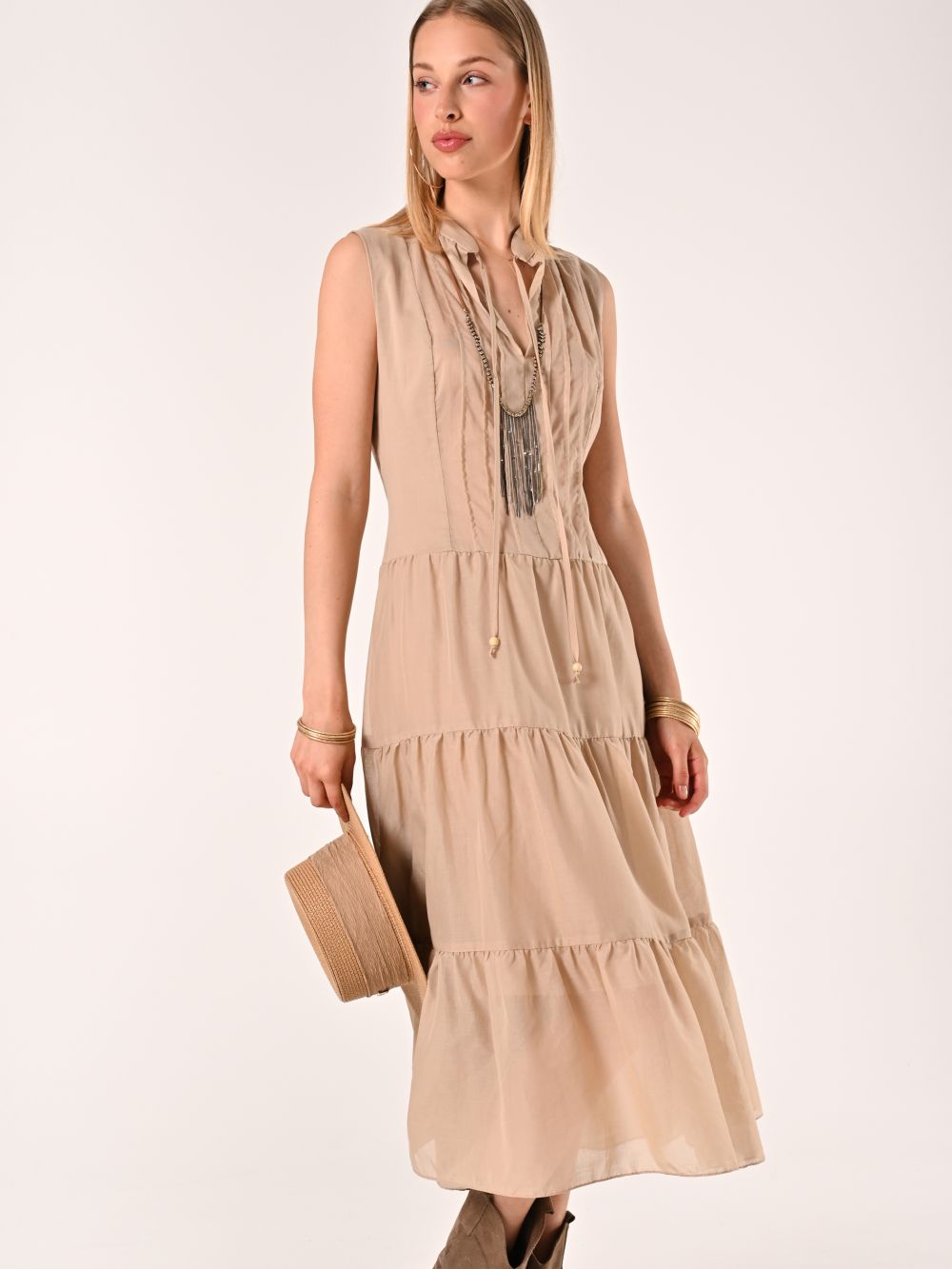 Abito a Balze Beige in Cotone