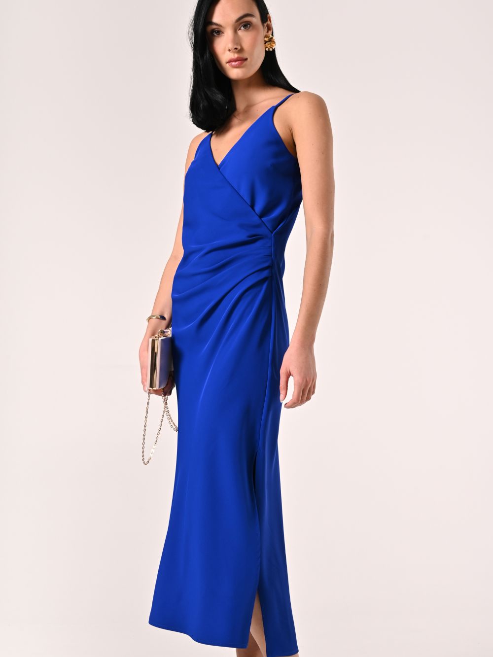 Abito Blu Cina con Scollo Incrociato e Drappeggio