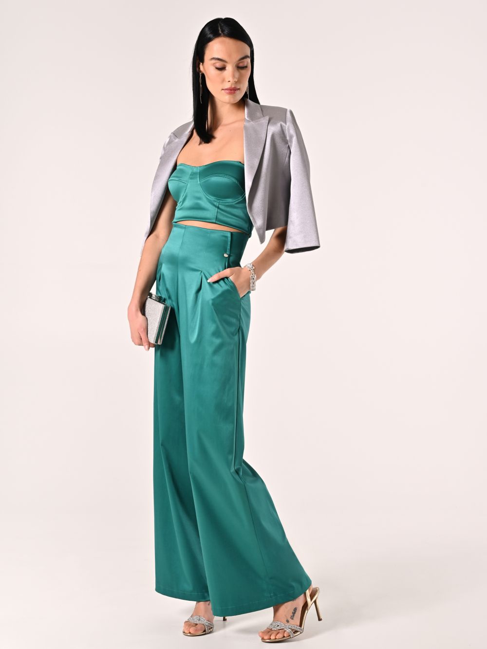  Pantaloni in Raso strutturato Verde Reale