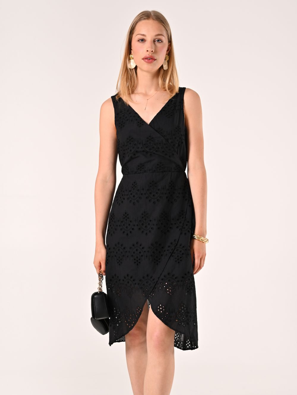 Wrap Sheath Dress in Black Sangallo