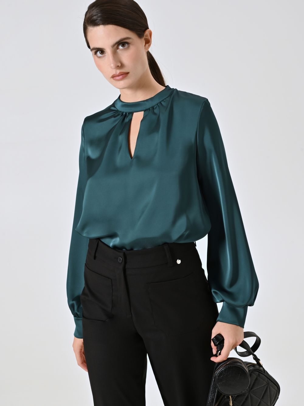 Green Satin Blouse with Cut-Out Detail