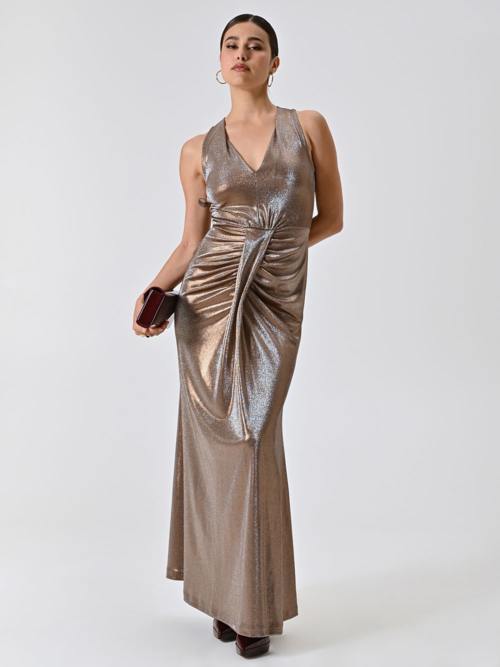 Langes Lurex-Kleid in Bronzebraun