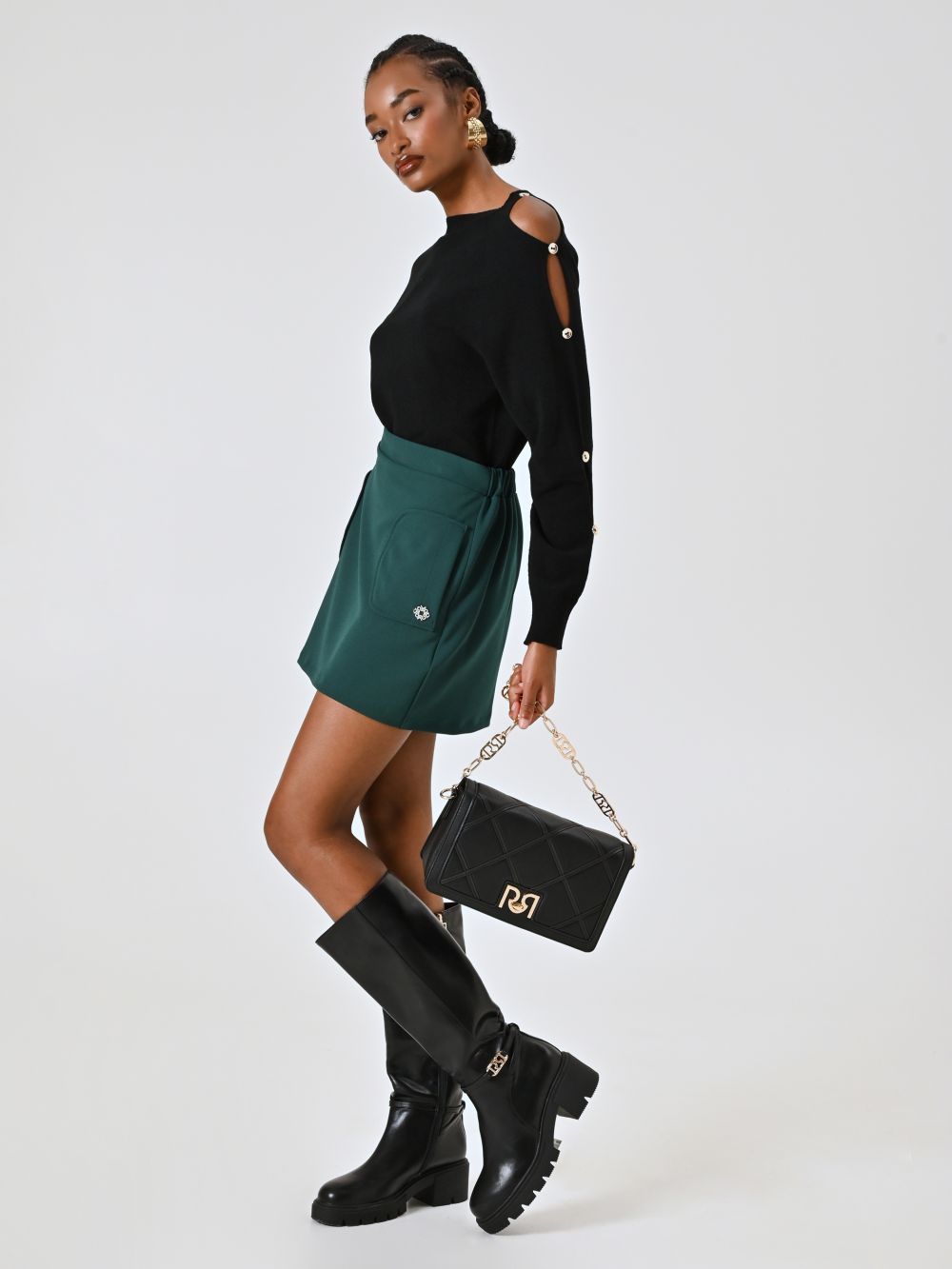 Mini Gonna Verde con Tasche Applicate
