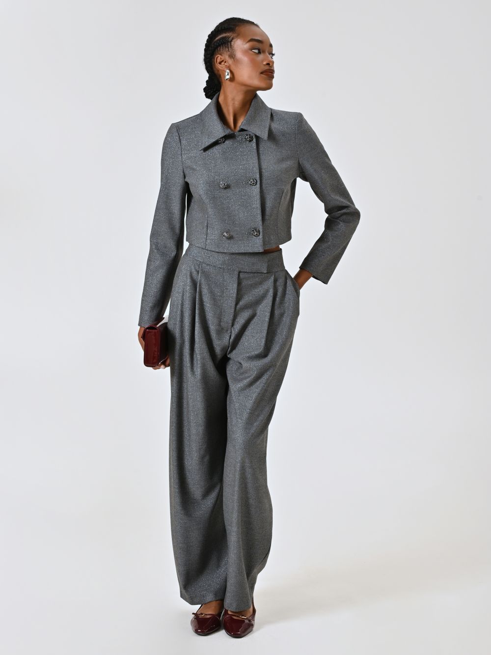 Pantaloni in Tessuto Spinato con Filo Lurex
