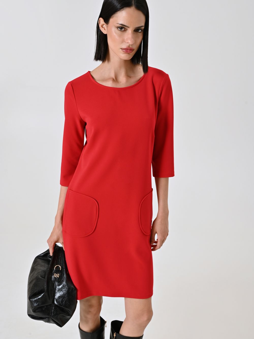 Abito Rosso con Tasche Applicate