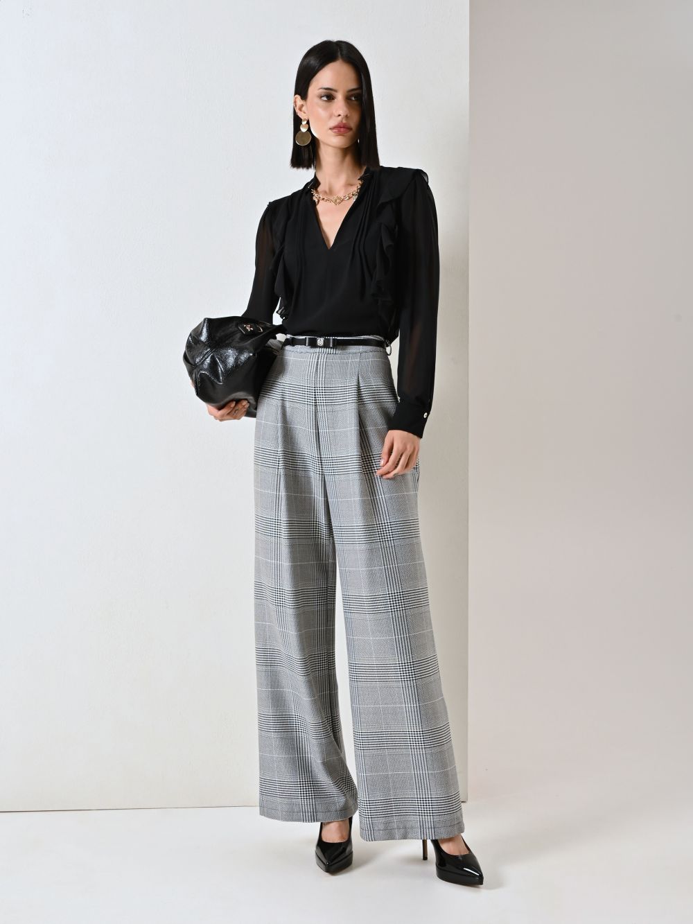 Pantaloni Ampi Check su Pied de Poule