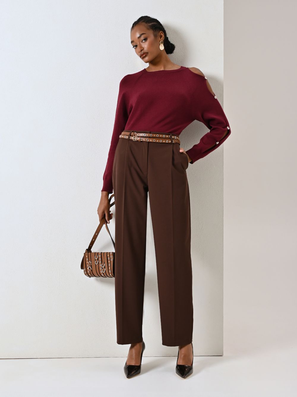 Pantalon marron chocolat en viscose mélangée