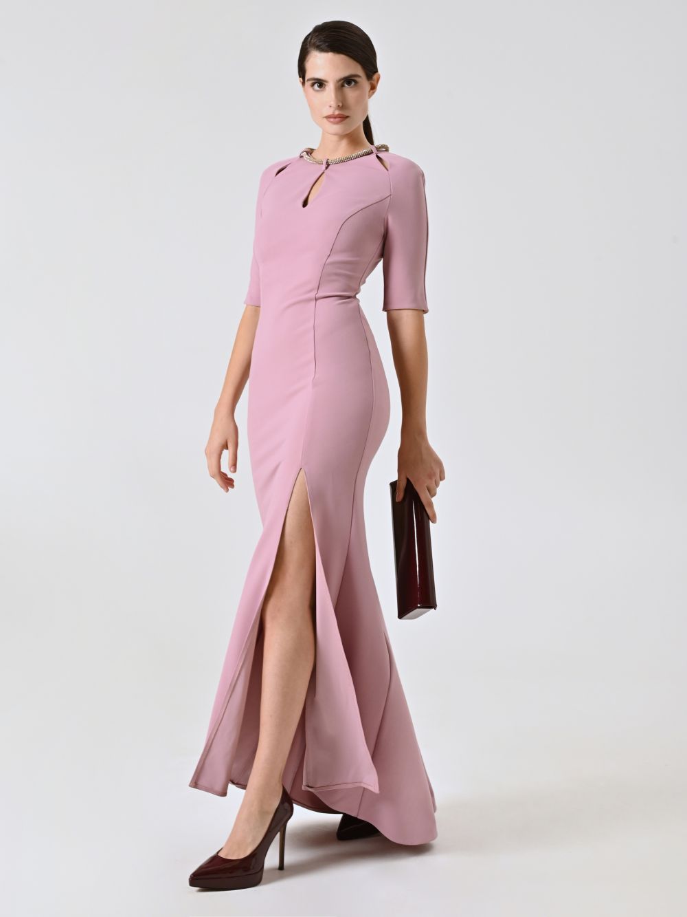 Long Mauve Pink Dress with Rhinestone Piping