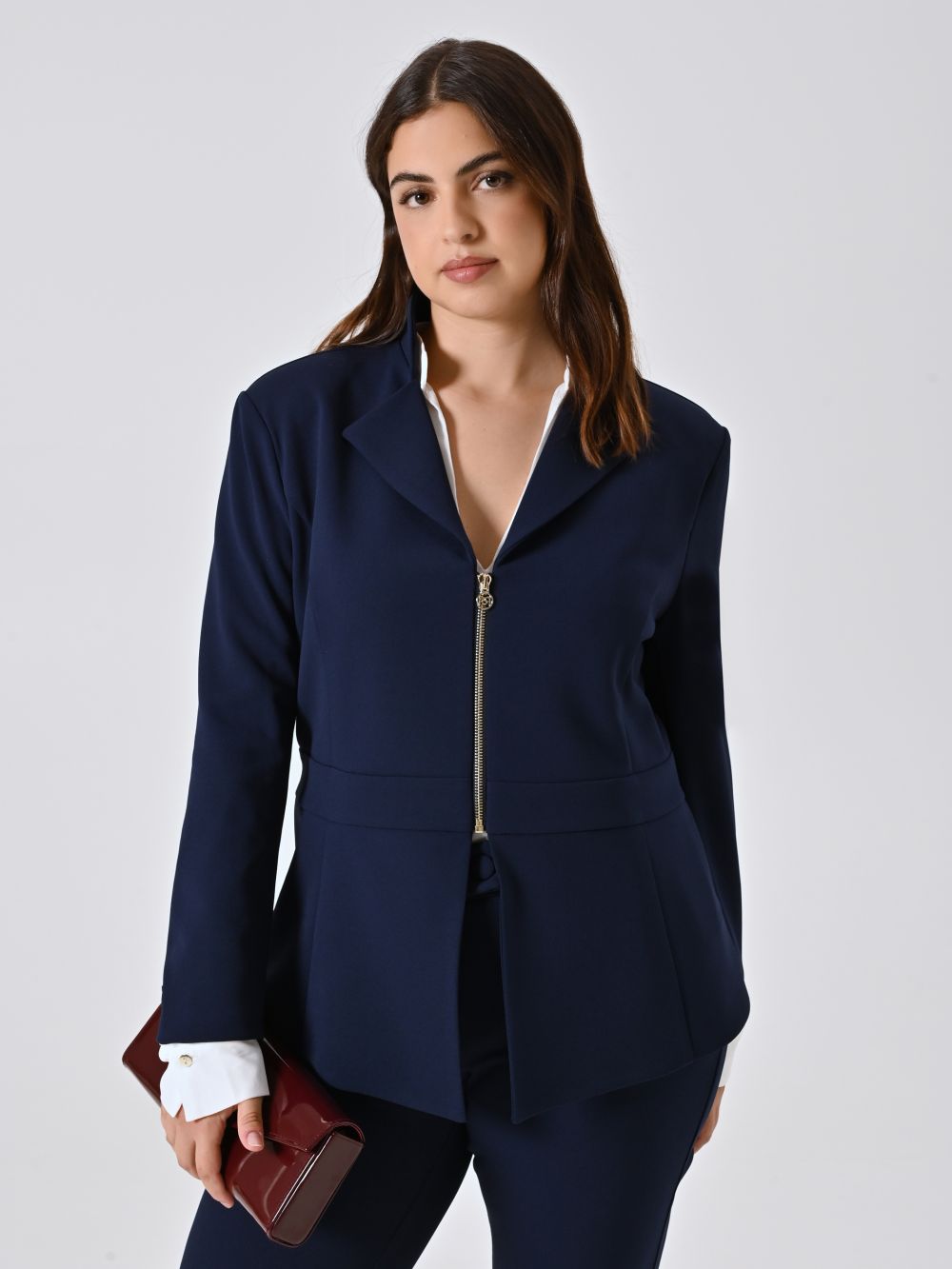 Giacca Curvy Blu con Zip in Scuba mano Crepe