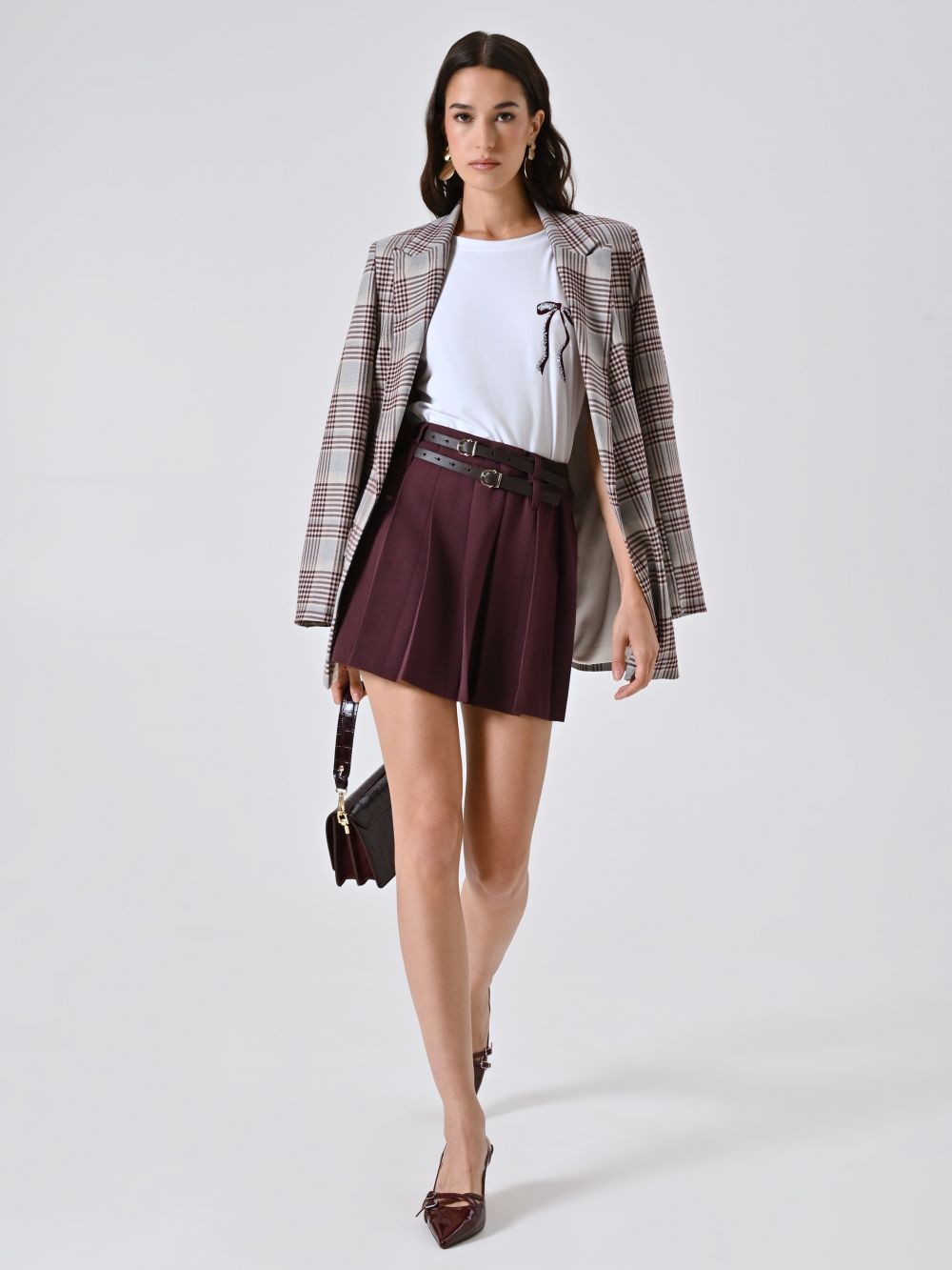 Mini Gonna Bordeaux a Pieghe con Cinture