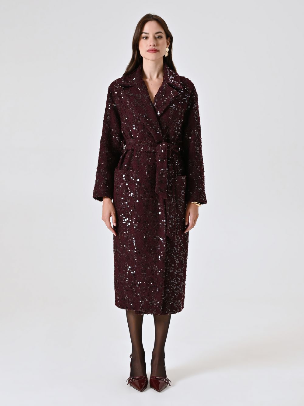 Maxi Cappotto Bordeaux in Panno Bouclé e Paillettes