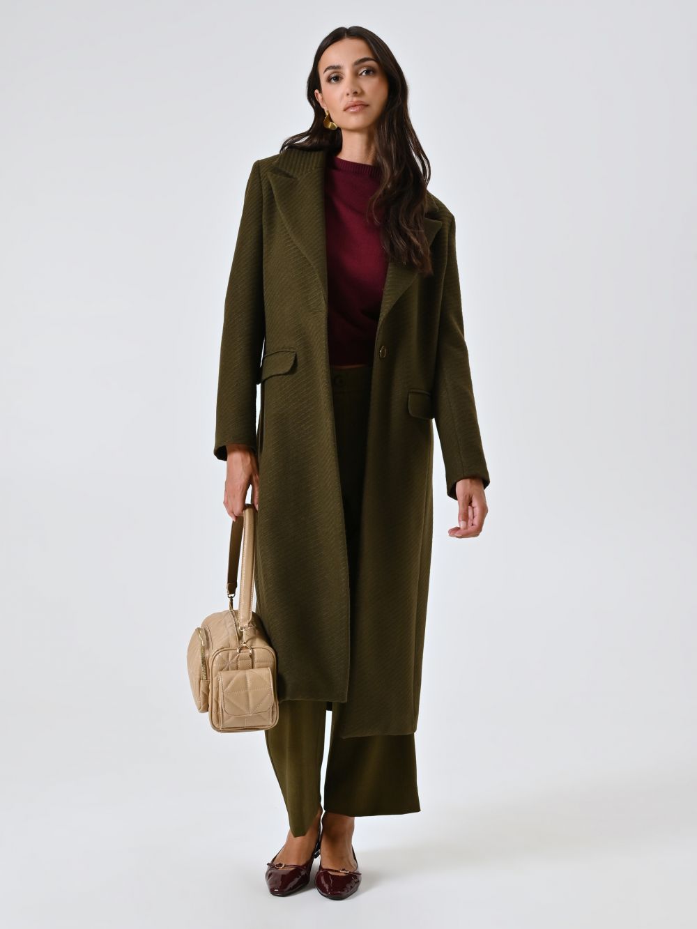 Maxi Cappotto Verde in Panno Operato Disegno Diagonale