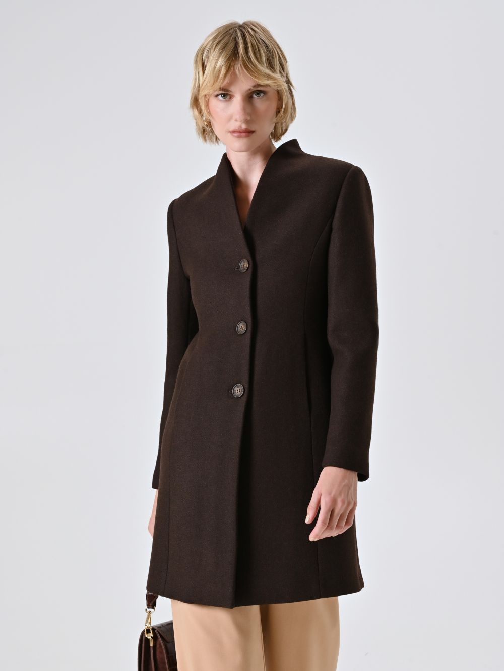 Cappotto misto Lana Marrone con Collo in Piedi