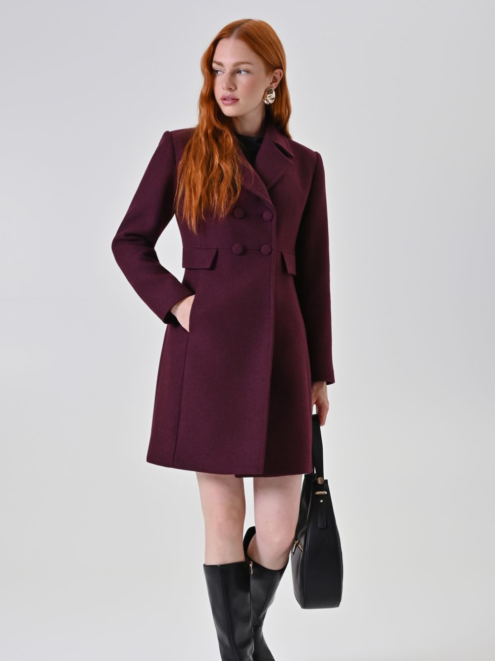 Cappotto Misto Lana Doppiopetto Bordeaux con Bottoni Ricoperti