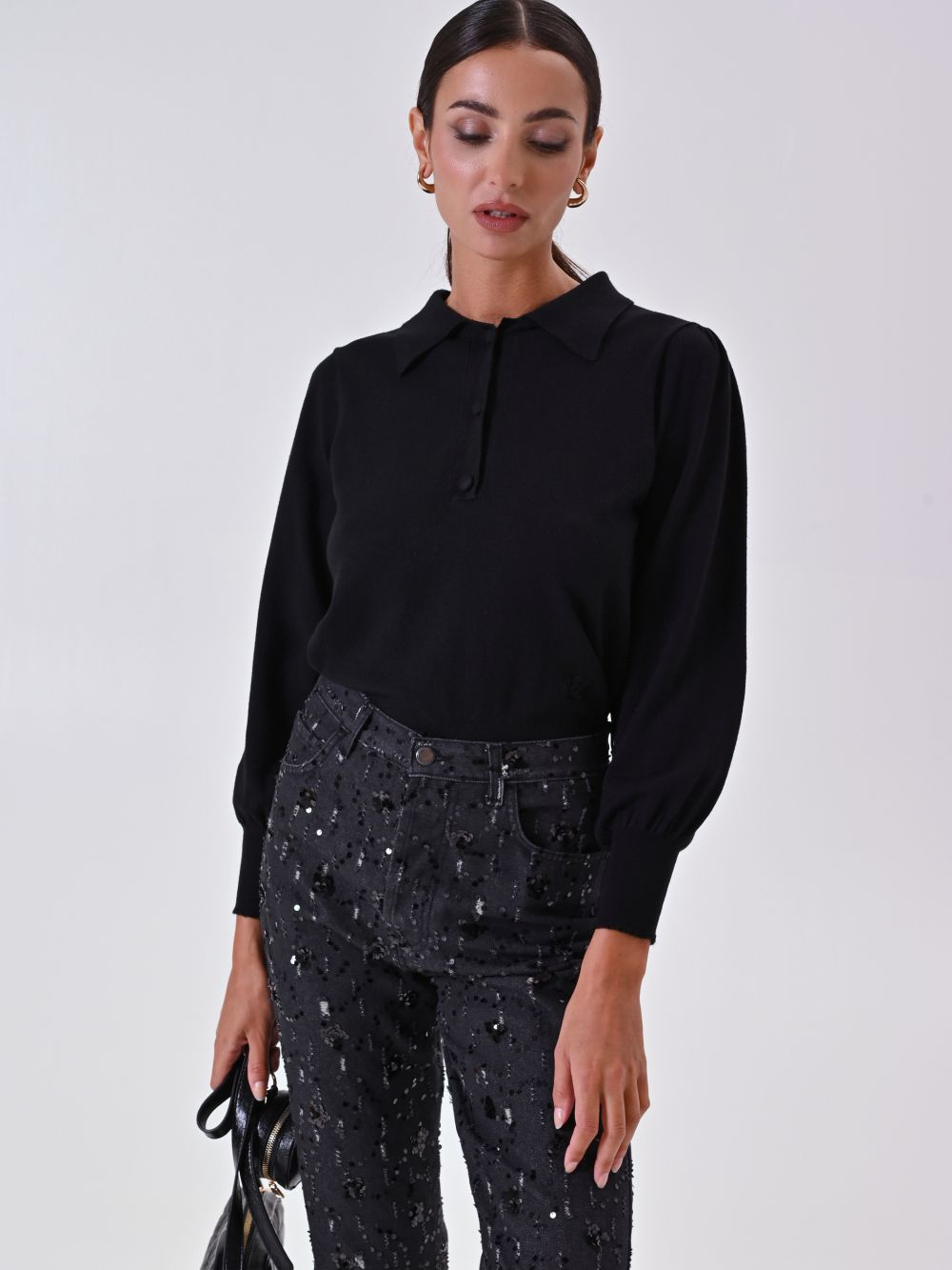 Black Knitted Polo Shirt with Covered Buttons