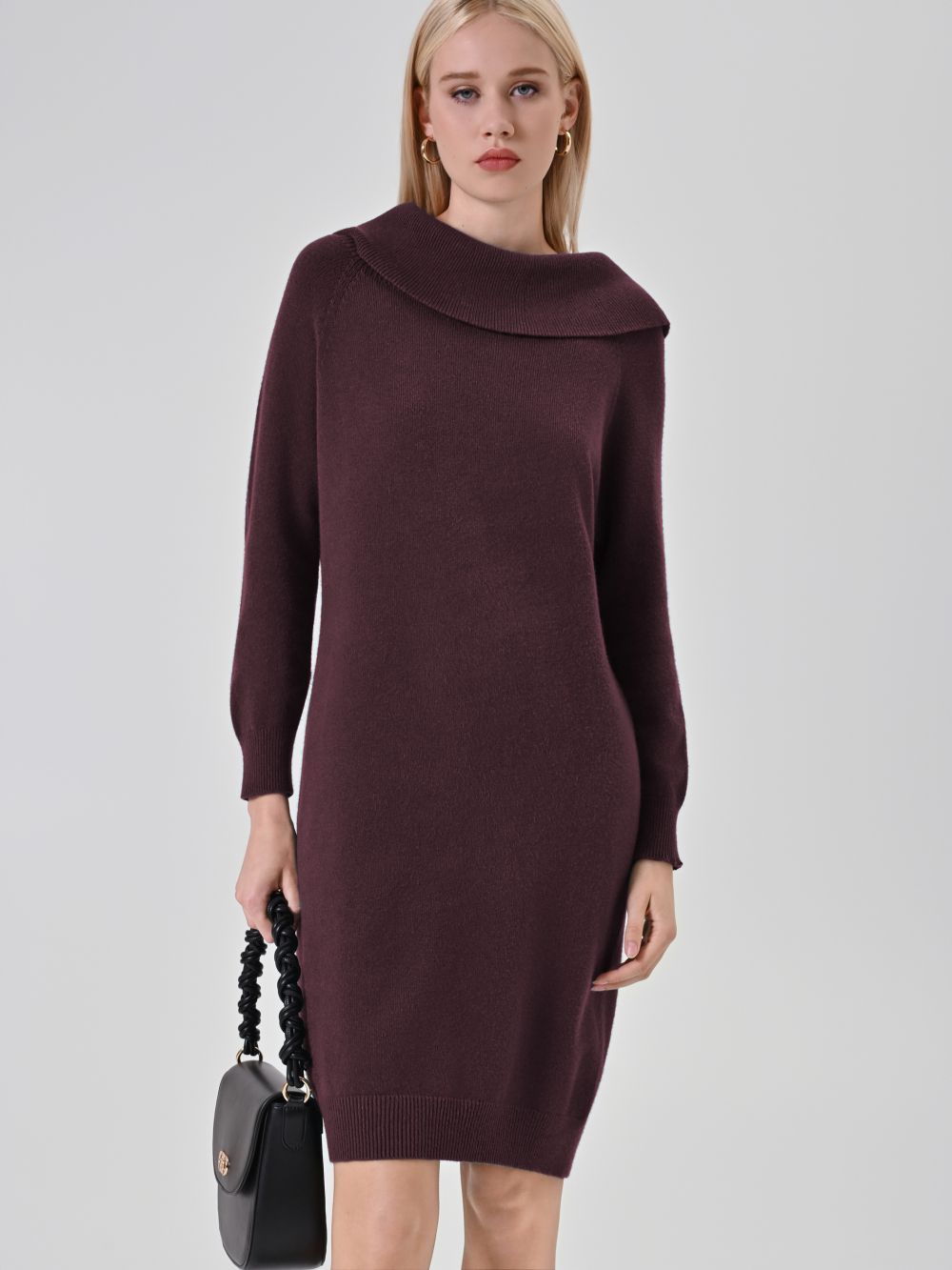 Abito Bordeaux in Maglia con scollo Ribaltato
