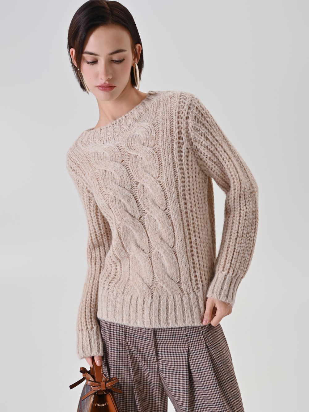 Maglia panna a Trecce misto Lana Viscosa