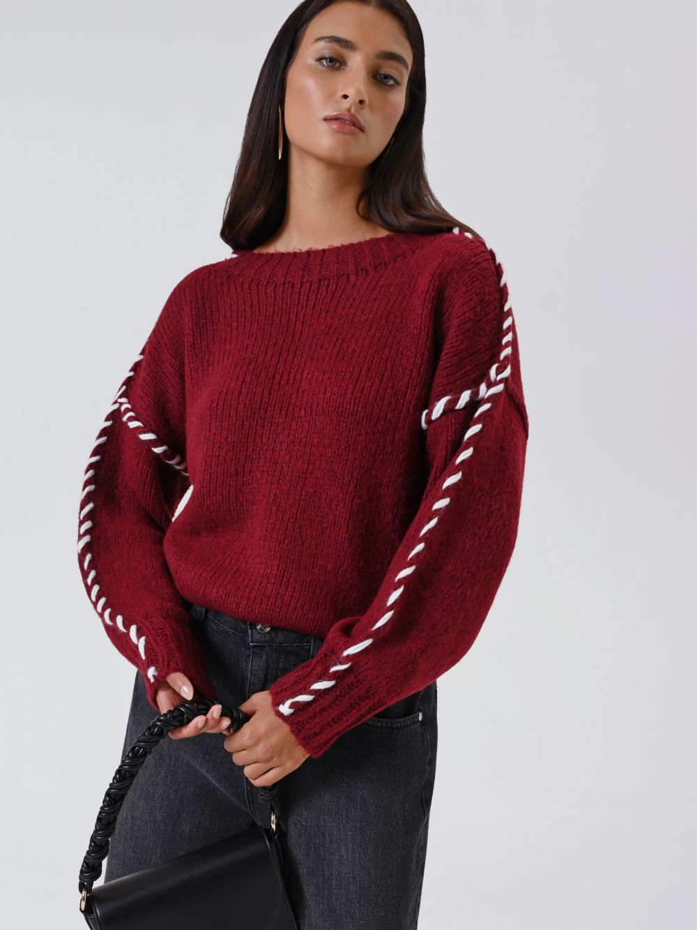 Burgundy Sweater with Contrast Stitching