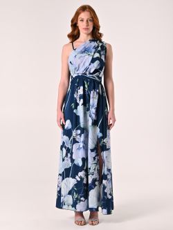 Einseitig schulterfreies langes Kleid mit Blumenmuster det_1