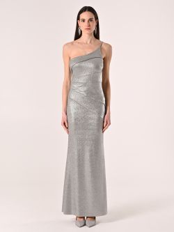 Langes Kleid mit einer Schulter in Silber det_1