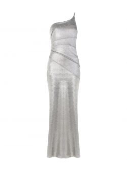 Langes Kleid mit einer Schulter in Silber det_4